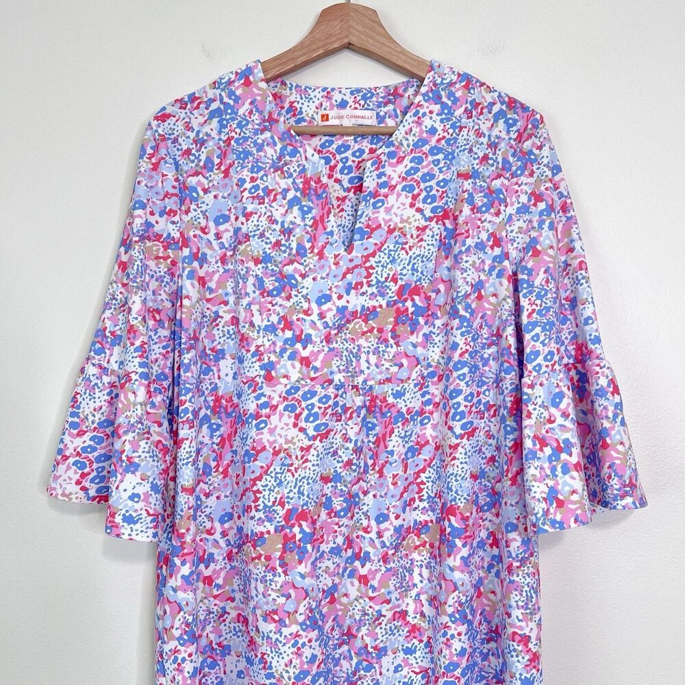 Jude Connally Bell Sleeve Shift Mini Dress Size M Pink Blue Abstract Print - Picture 3 of 9